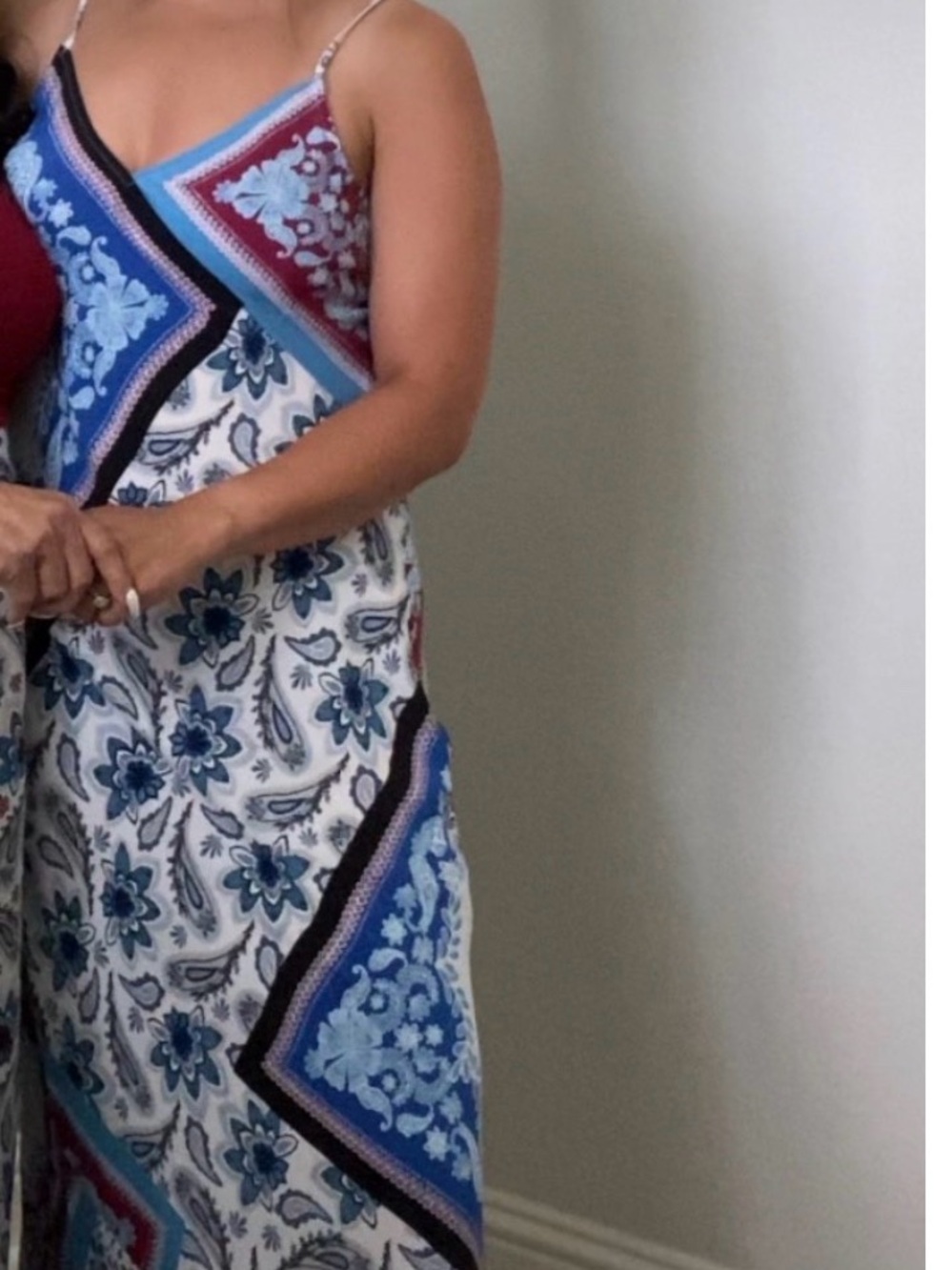 LOFT Blue White Floral Maxi Dress with Burgundy Accents